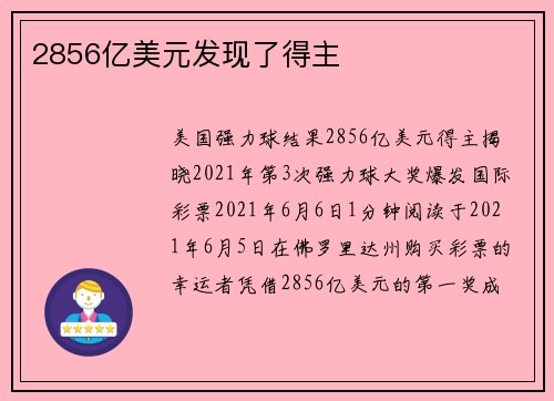 2856亿美元发现了得主 